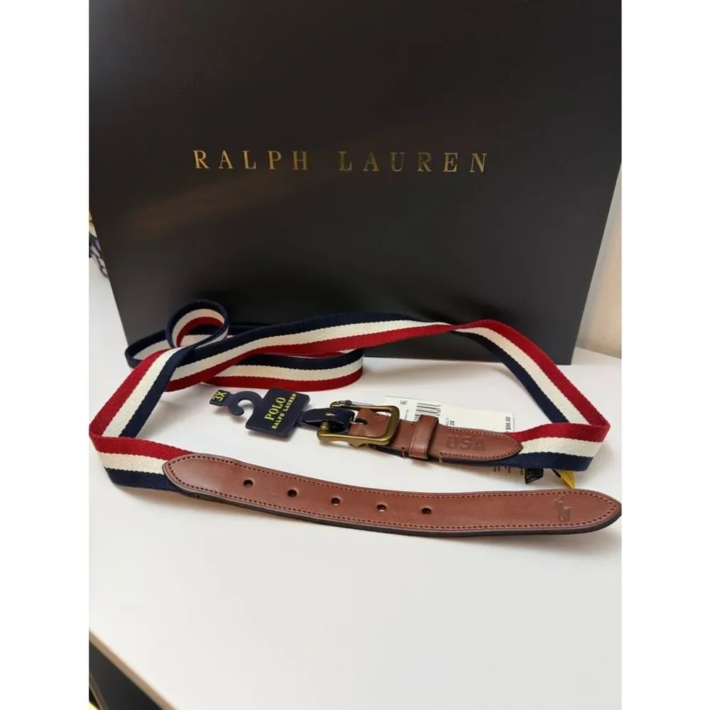 Polo Ralph Lauren Men’s 3X Canvas Stripe Belt Leather Golf Classic Preppy